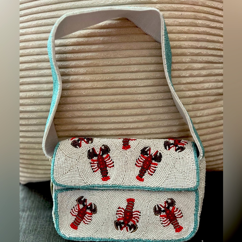 Viral Lobster beaded bag. Sol and Mer NWT. White red lobsters blue strap $68